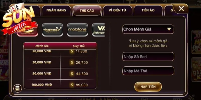 Các bước nạp tiền Sunwin đơn giản cho game thủ tham gia